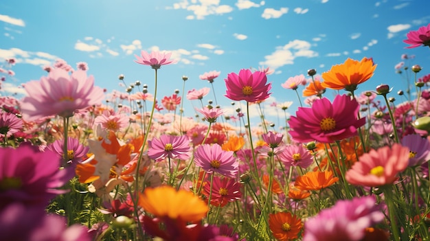 fleurs aux couleurs vives dans un champ avec un ciel bleu en arrière-plan