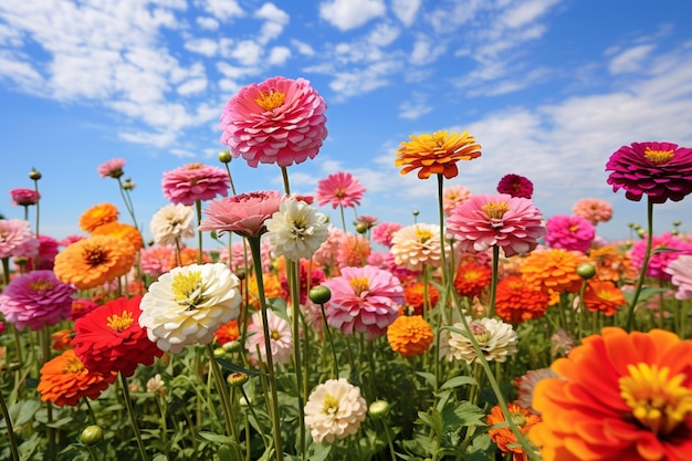 Des fleurs aux couleurs vives dans un champ avec un ciel bleu en arrière-plan