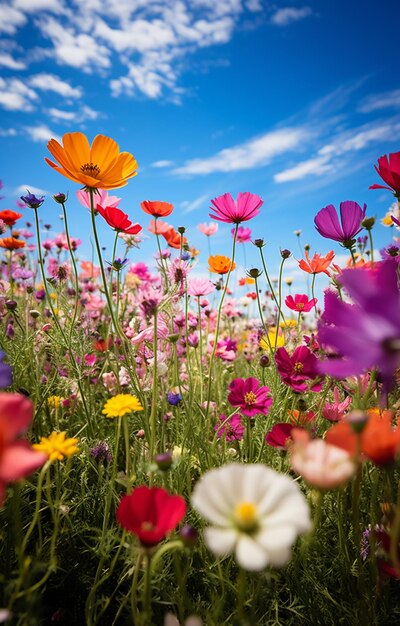 Photo fleurs aux couleurs vives dans un champ avec un ciel bleu en arrière-plan