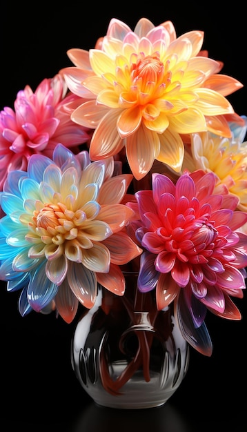 fleurs aux couleurs vives dans un vase en verre sur un fond noir