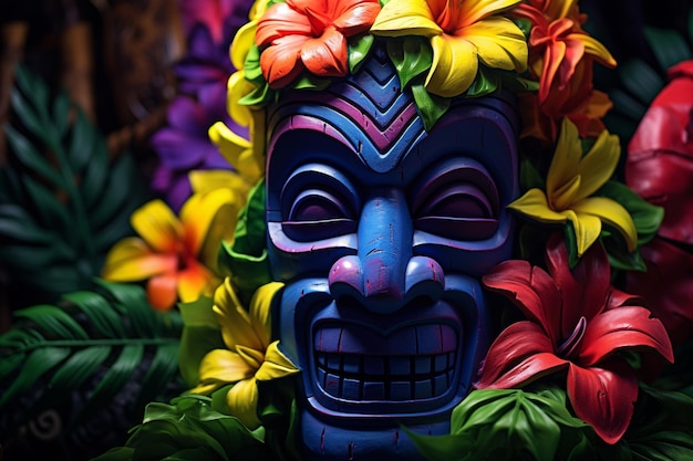 Des fleurs aux couleurs vives entourent un masque tiki bleu avec un visage violet ai génératif