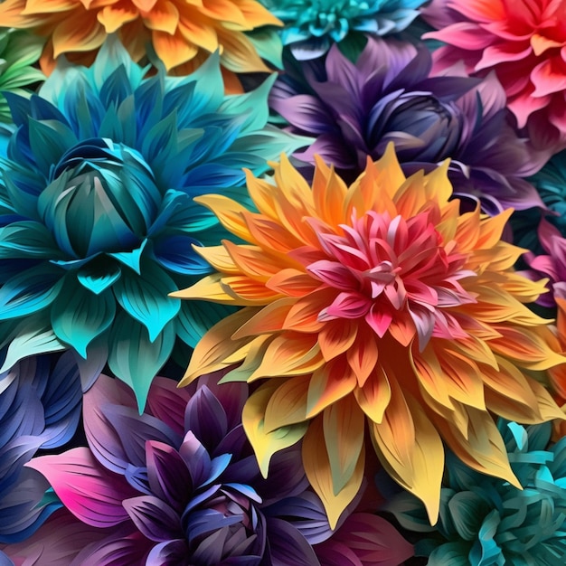 Des fleurs aux couleurs vives sont disposées en groupe sur une table ai générative
