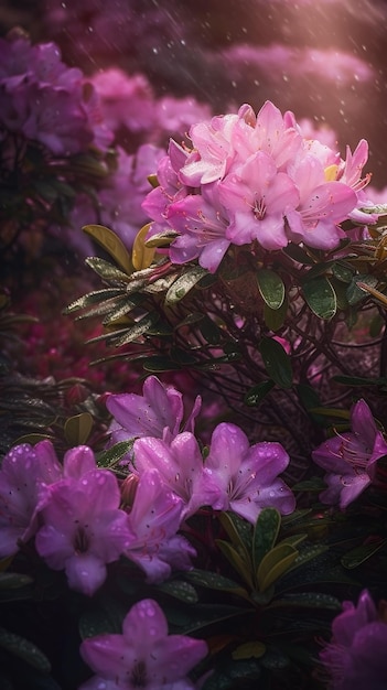 Fleurs d'azalée en fleurs avec des gouttes d'eau fond agrandi Fond d'écran floral Ai généré