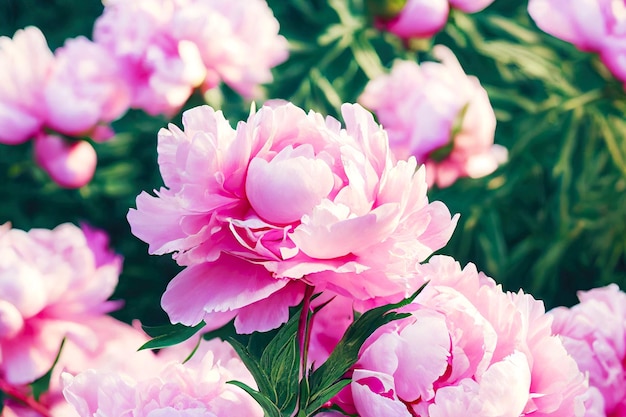 Fleurs de belles pivoines roses en fleurs dans le jardin