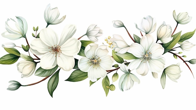 Des fleurs blanches à l'aquarelle dessinées à la main à l'arrière-plan floral de printemps