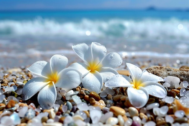 Photo des fleurs blanches assises sur une plage de sany papier peint uhd image graphique de stock