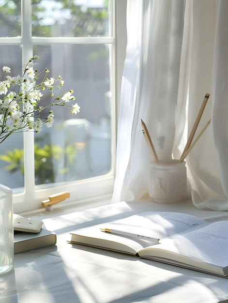 Des fleurs blanches sur un bureau dans un intérieur lumineux