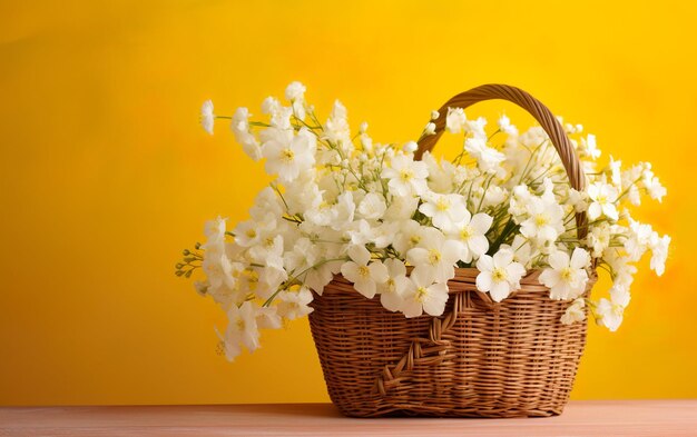 Des fleurs blanches dans un panier de bois sur un fond jaune de printemps