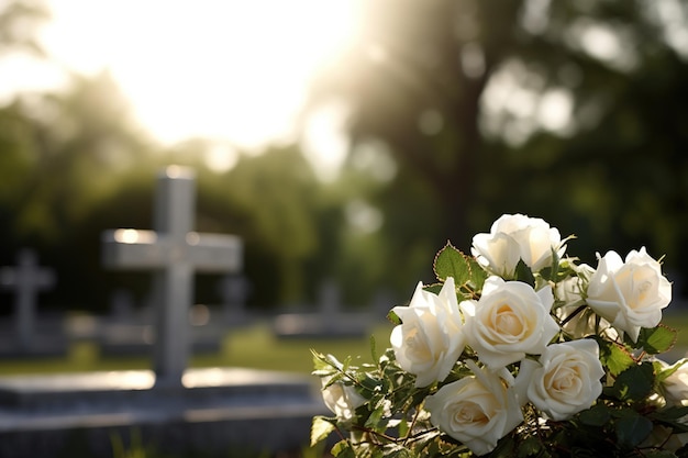 Photo fleurs blanches devant une pierre tombale dans un cimetière avec coucher de soleil concept funéraire