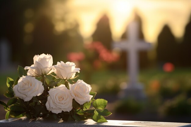 fleurs blanches devant une pierre tombale dans un cimetière avec coucher de soleil Concept funéraire