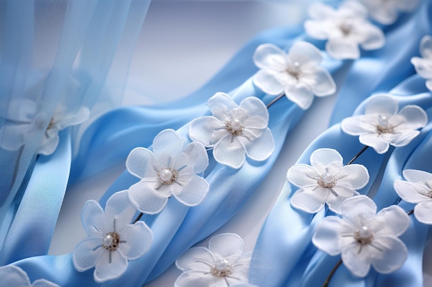 Des fleurs blanches sur du bleu.