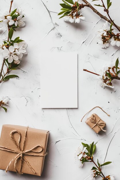 Des fleurs blanches élégantes et une boîte à cadeaux brune sur une surface blanche fissurée