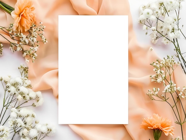 Des fleurs blanches et des feuilles vertes encadrent un papier blanc créant un affichage accrocheur sur un satin rose