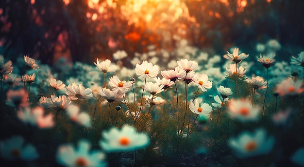 fleurs blanches en fleurs devant le soleil naturel