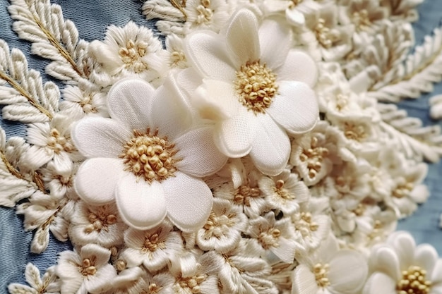 Fleurs blanches sur fond de broderie en tissu