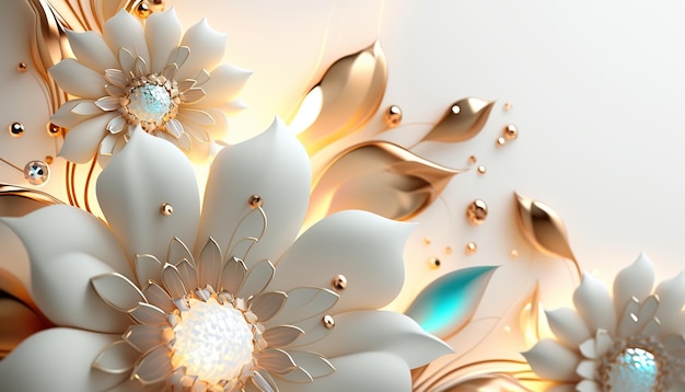 Fleurs blanches avec gold.3d Beau fond avec flowers.Generative ai.