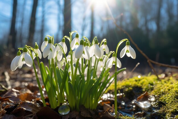 Des fleurs blanches de goussettes de neige poussent parmi la neige fondue au début du printemps par une journée ensoleillée.