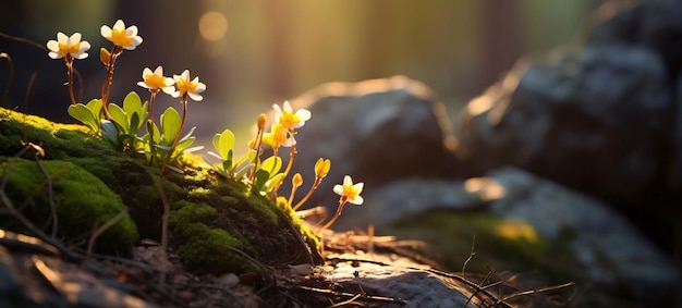 Des fleurs blanches et de la mousse dans la forêt sur le paillis entre les pierres et les racines des arbres des rayons de soleil des fleurs en fleurs un symbole du printemps une nouvelle vie