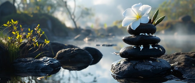 Photo des fleurs blanches et une pile de pierres noires