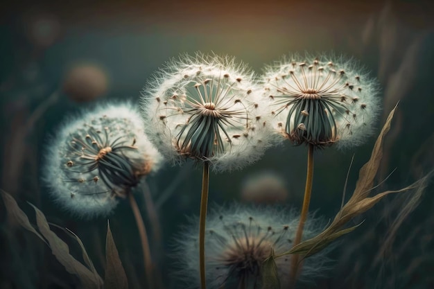 Fleurs blanches de pissenlit moelleux avec des graines dans la nature générative ai