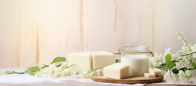 Des fleurs blanches et un pot de savon sur la table.