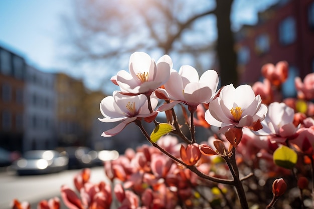 Des fleurs blanches de printemps sur un buisson poussant le long d'une route de la ville