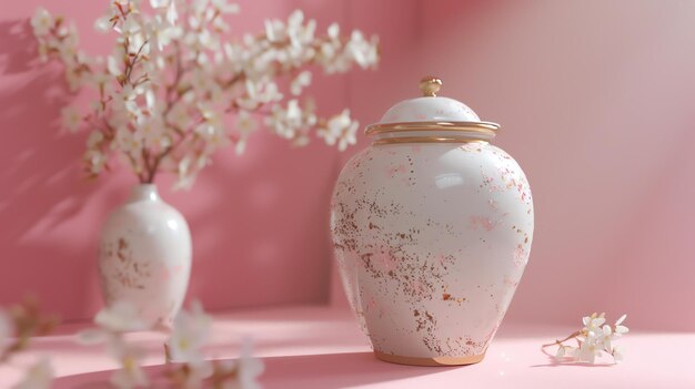 Photo des fleurs blanches et roses délicates dans un vase assis à côté d'un pot orné de couvercles blancs et dorés sur un fond rose