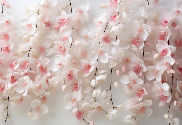 Des fleurs blanches et roses ornent un mur blanc