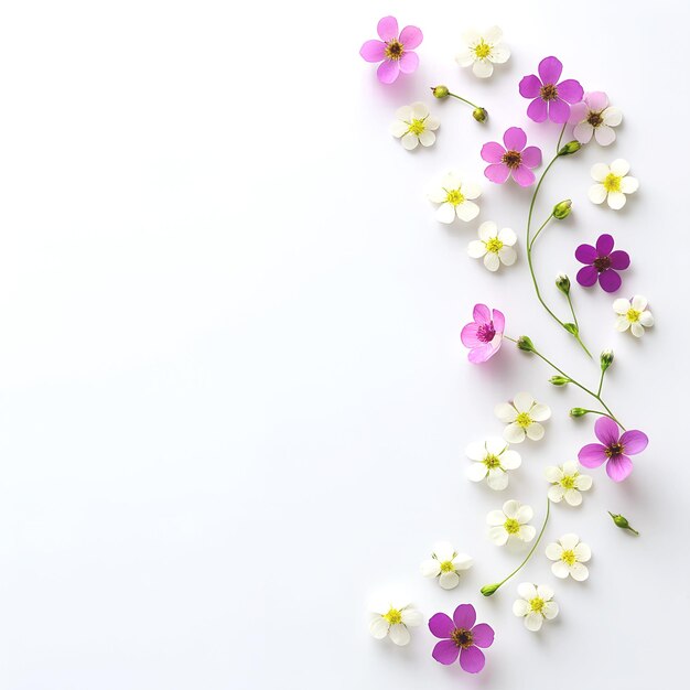 Photo des fleurs blanches, roses et violettes sur un fond blanc