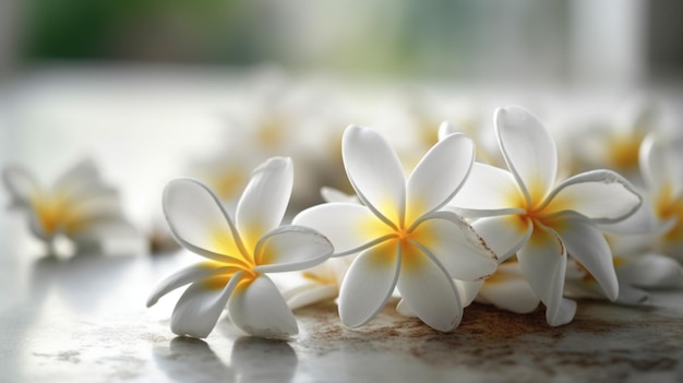 Fleurs blanches sur une table avec le mot frangipanier dessus