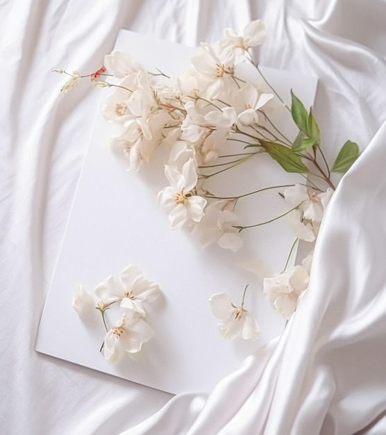 Des fleurs blanches sur un tissu blanc Espace de copie à vue supérieure à couche plate Arrière-plan floral