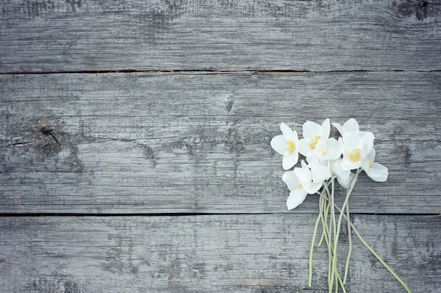 Fleurs blanches sur le vieux fond en bois. Fleurs de jardin sur fond de table en bois.