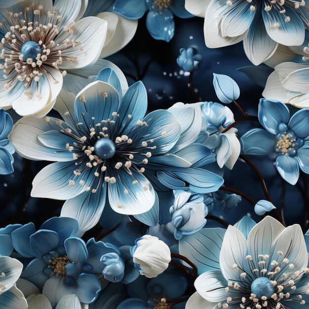 Des fleurs bleues et blanches, un motif homogène créé avec l'IA générative