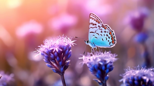 fleurs bleues claires dans le champ et deux papillons flottants une image unique
