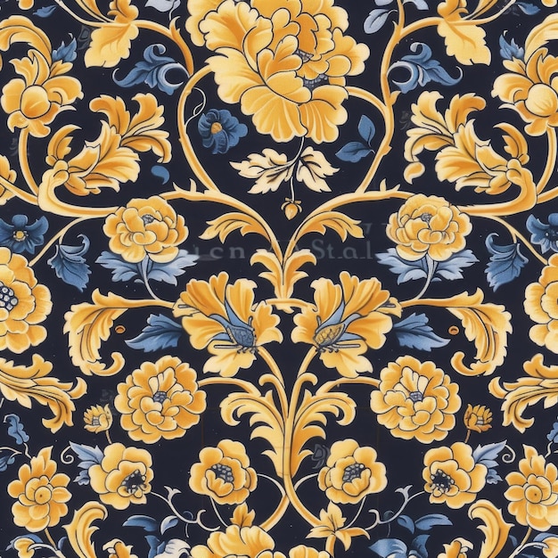 Des fleurs bleues et dorées au motif homogène avec des plantes florissantes richement carrelées