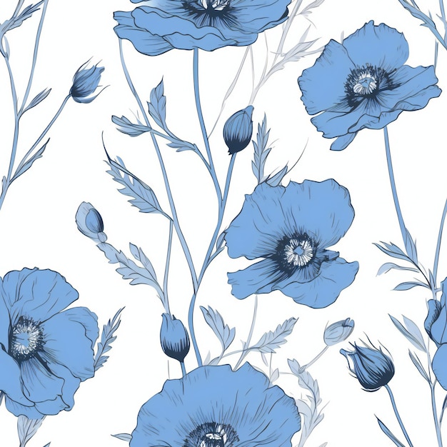 Fleurs bleues sur fond blanc.