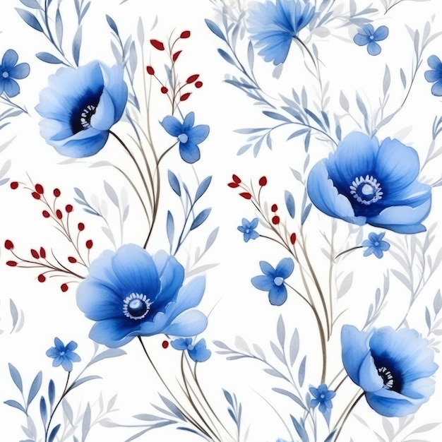 Fleurs bleues sur fond blanc.