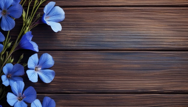 Fleurs bleues sur fond de bois marron Vue de dessus avec espace de copie