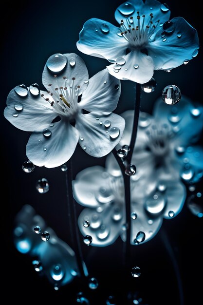 Fleurs bleues avec des gouttes d'eau sur le fond