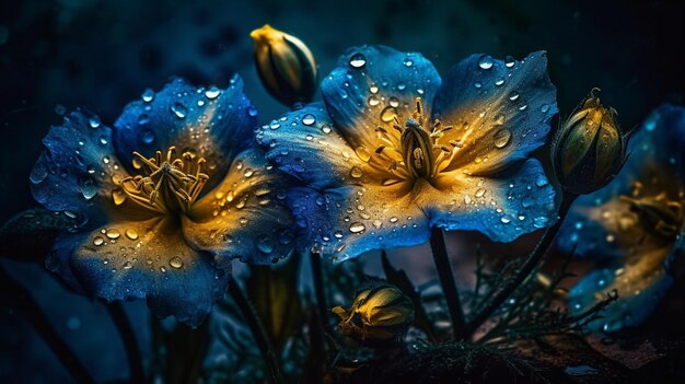 Fleurs bleues avec des gouttes de pluie sur les pétales