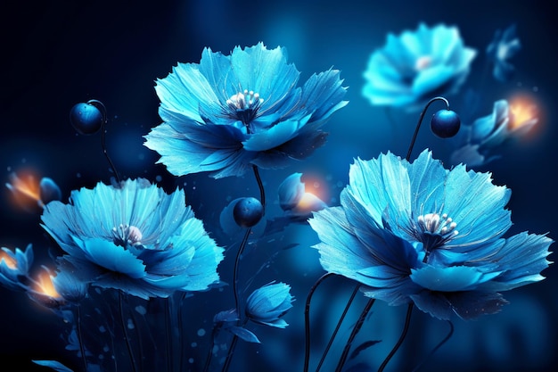 Fleurs bleues avec des ornements sur fond bleu AI générative