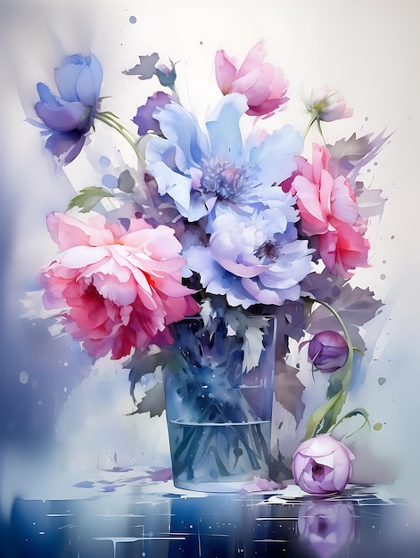 fleurs bleues et violettes dans un vase en verre