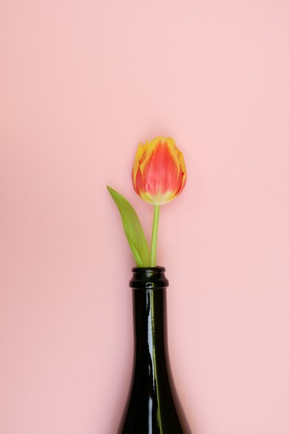 Fleurs en bouteille sur une surface rose