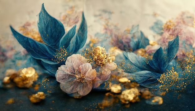 Photo fleurs et branches dorées et bleues élégantes sur fond clair décor floral vintage pour une illustration 3d de plante fantastique de carte postale