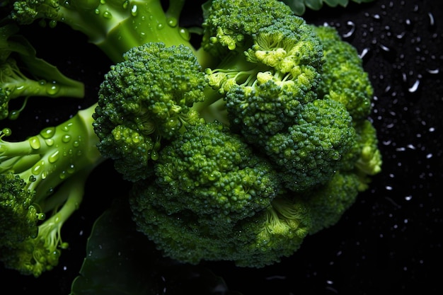 fleurs de brocoli sur une surface noire avec des gouttelettes d'eau