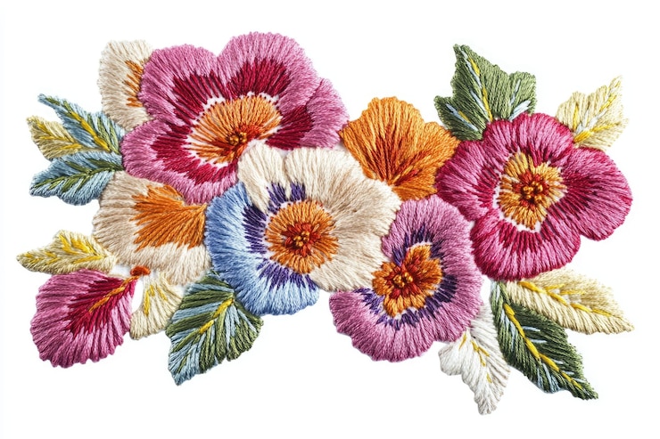 Photo fleurs brodées sur le tissu broderie folklorique ukrainienne à la main sur fond blanc isolée