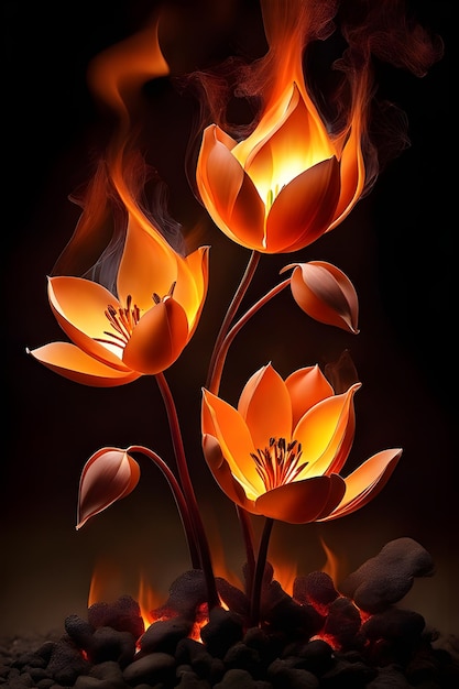 Photo des fleurs brûlantes, du papier peint, des fleurs en feu.