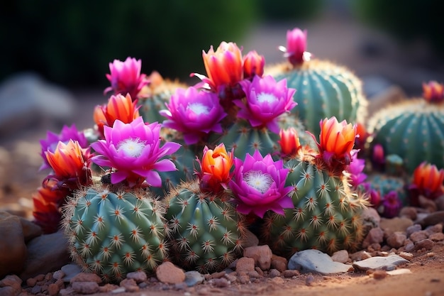 Fleurs de cactus vibrantes parmi les plantes succulentes épineuses du désert AI