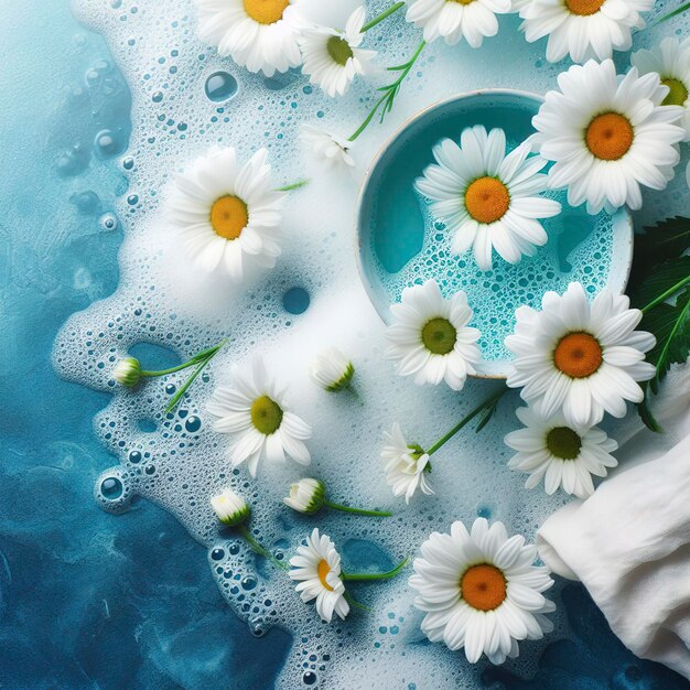 Photo des fleurs de camomille sur un fond d'eau bleue