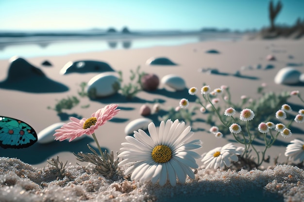 Fleurs de camomille de mer littoral sur fond de surf papillons volants paysage mer sable et fleurs illustration 3d